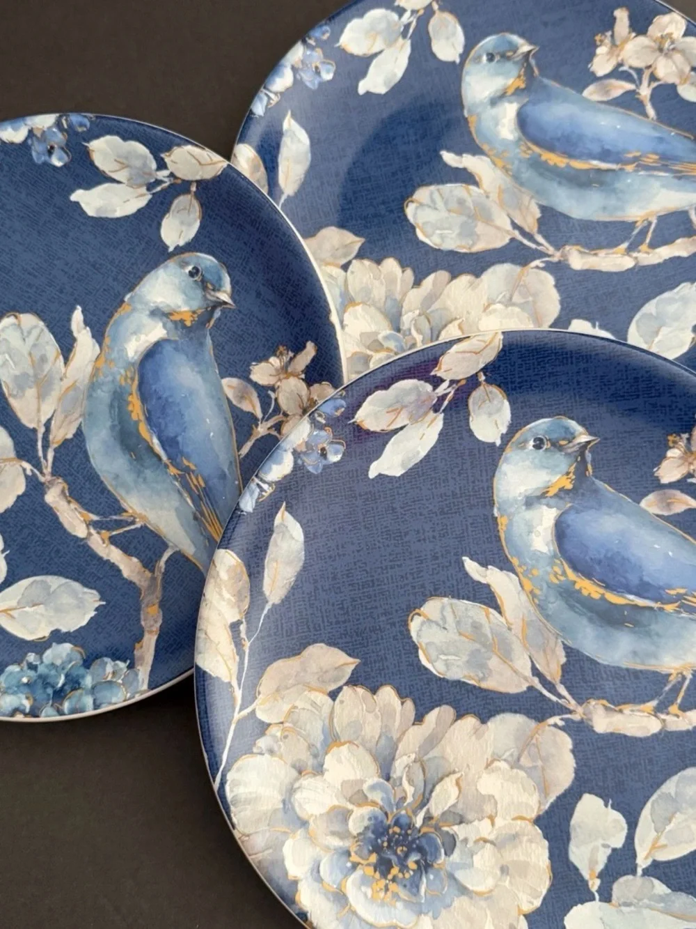 INDIGOLD Set of 3 Blue Bird Floral Plates 9” Gold Details